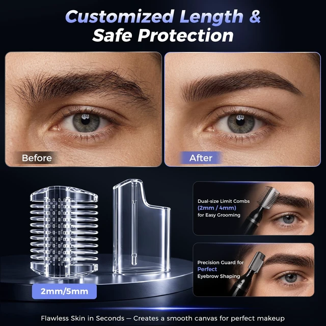 Alt view image 5 of 7 - Eyebrow Trimmer, Electric Eyebrow Razor for Women Men, Rechargeable Painless LED Light Facial Hair Shaver Remover with Rinseable Blade for Face Lips Neck Leg