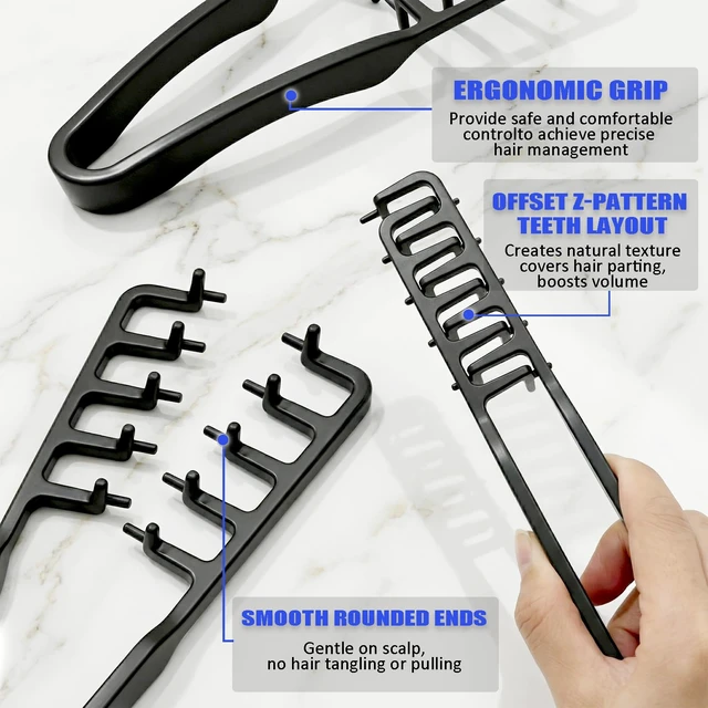 Alt view image 7 of 7 - Texture Comb Set 2 Pack Wide Tooth Volumizing Hair Comb, Anti-Frizz Root Lift Styling Tool, No-Pull Scalp Massager for Curly, Wavy, Thick Hair, ABS Plastic Non-Slip Grip (Black+Grey)