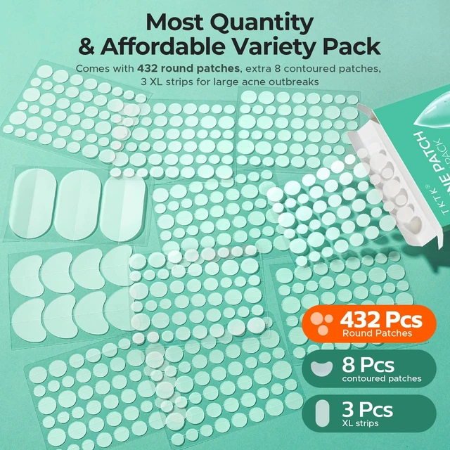 Alt view image 2 of 7 - 443 Count Pimple Patches for Face, Hydrocolloid Acne Cover Patch Bulk | Pimple Stickers for Cheeks, Forehead, Chin Blemishes Zit & Breakouts, All Skin Types, Dots, Strips, Contoured 5 Sizes Variety