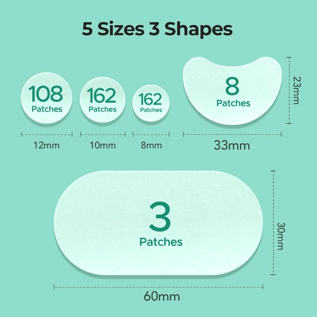 Alt view image 4 of 7 - 443 Count Pimple Patches for Face, Hydrocolloid Acne Cover Patch Bulk | Pimple Stickers for Cheeks, Forehead, Chin Blemishes Zit & Breakouts, All Skin Types, Dots, Strips, Contoured 5 Sizes Variety
