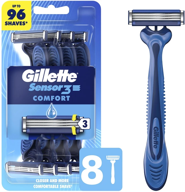 Main image of Sensor3 Comfort Disposable Razors for Men, 8 Count, Lubrastrip Glides Easily Over Your Skin