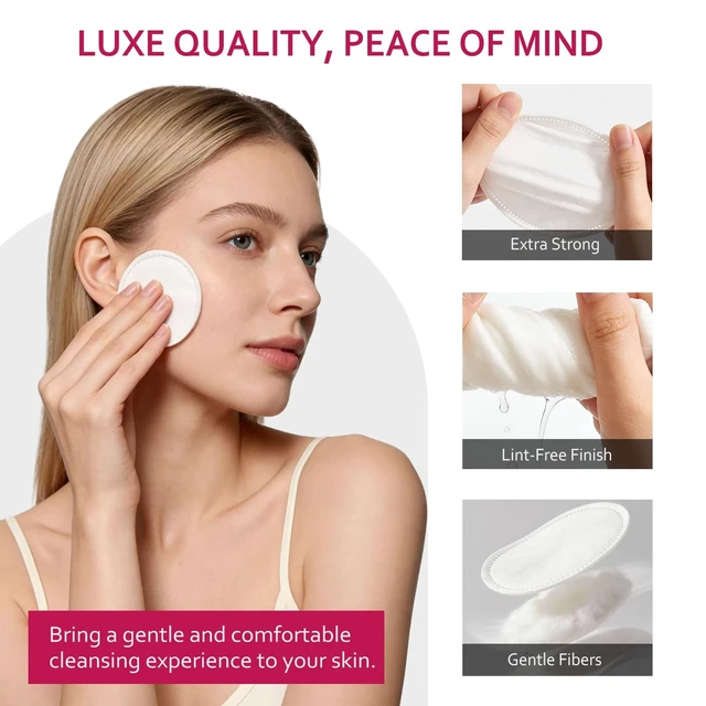 Alt view image 5 of 7 - 600 PCS Cotton Rounds100 Count (Pack of 6)-Soft, Absorbent, Cotton Face Pads for Makeup Removal, Skincare, Skin Care and Gentle Facial Cleansing - Lint Free Stitched Pads
