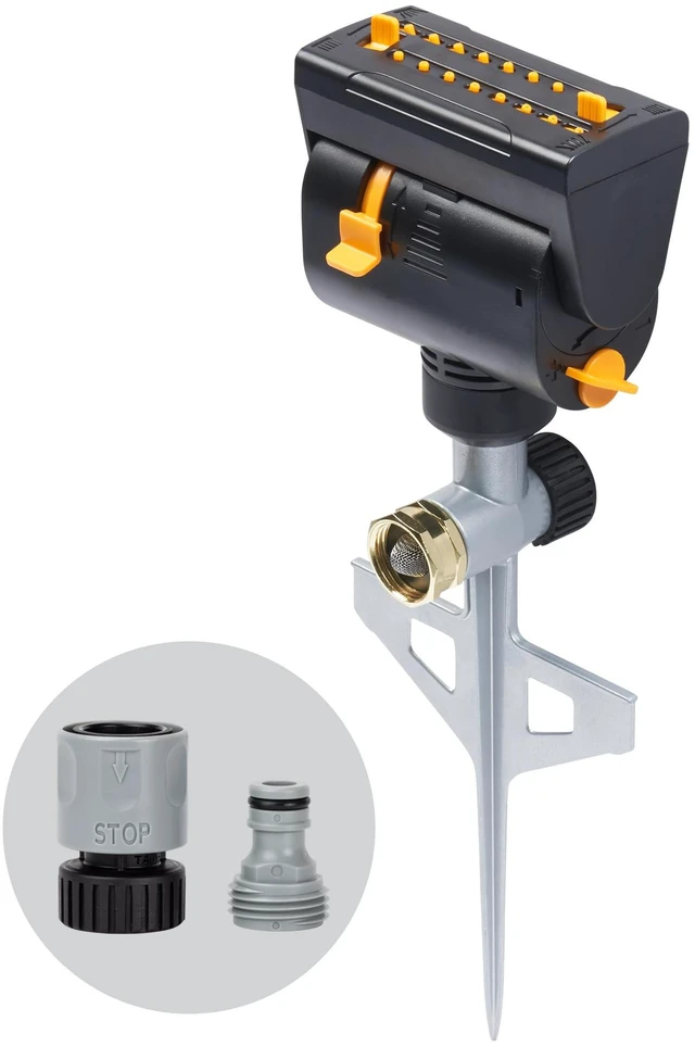 Main image of MiniMax Spike Sprinkler, 4000 Sq Ft: 360°, Flow, Width, Range Adjust | 65137AMZ | Dirt-Resistant Drive | Flow-Through Base | Metal Step Spike | 360° Rotation | Compact Design