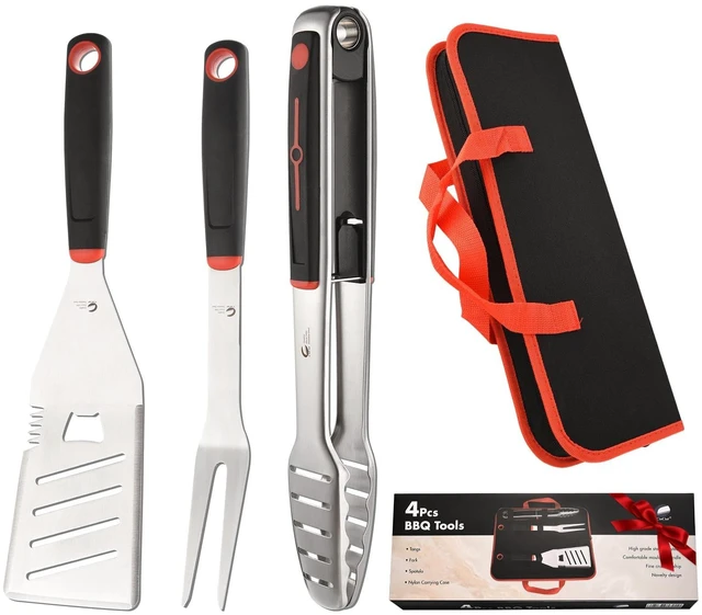 Main image of BBQ Tools Set, 4 PCS Heavy Duty Stainless Steel Spatula, Fork, Tongs with Portable Bag, Essential Accessories for Barbecue Outdoor Grill, Grilling Gifts for Men Dad Camp Chef