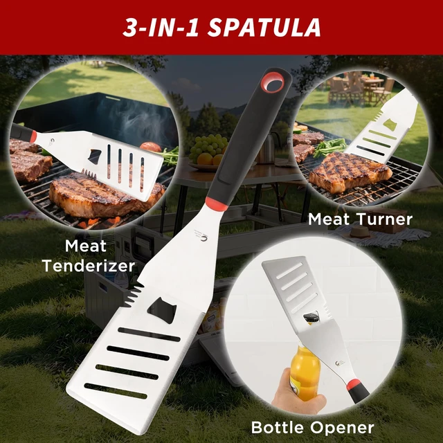 Alt view image 4 of 7 - BBQ Tools Set, 4 PCS Heavy Duty Stainless Steel Spatula, Fork, Tongs with Portable Bag, Essential Accessories for Barbecue Outdoor Grill, Grilling Gifts for Men Dad Camp Chef
