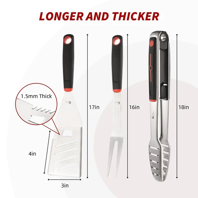 Alt view image 2 of 7 - BBQ Tools Set, 4 PCS Heavy Duty Stainless Steel Spatula, Fork, Tongs with Portable Bag, Essential Accessories for Barbecue Outdoor Grill, Grilling Gifts for Men Dad Camp Chef