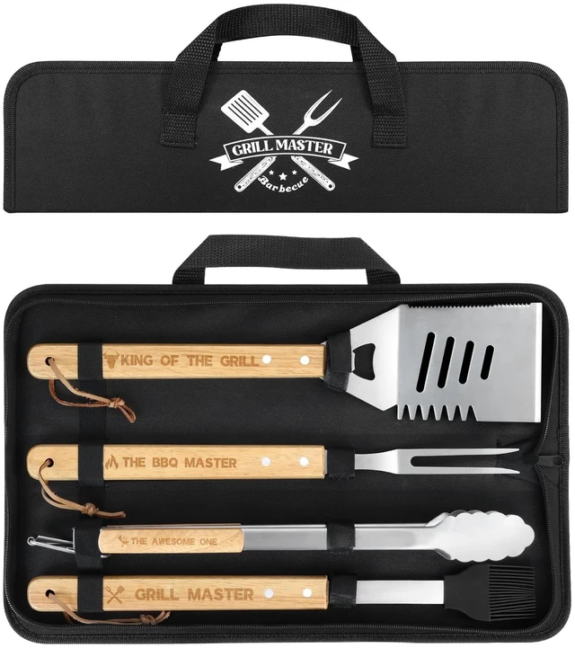 Main image of 4PCS Grilling Accessories BBQ Tools - Stainless Steel Grill Set with Tongs, Fork, Spatula, Brush, Carrying Bag, Birthday for Men, Father, Husband