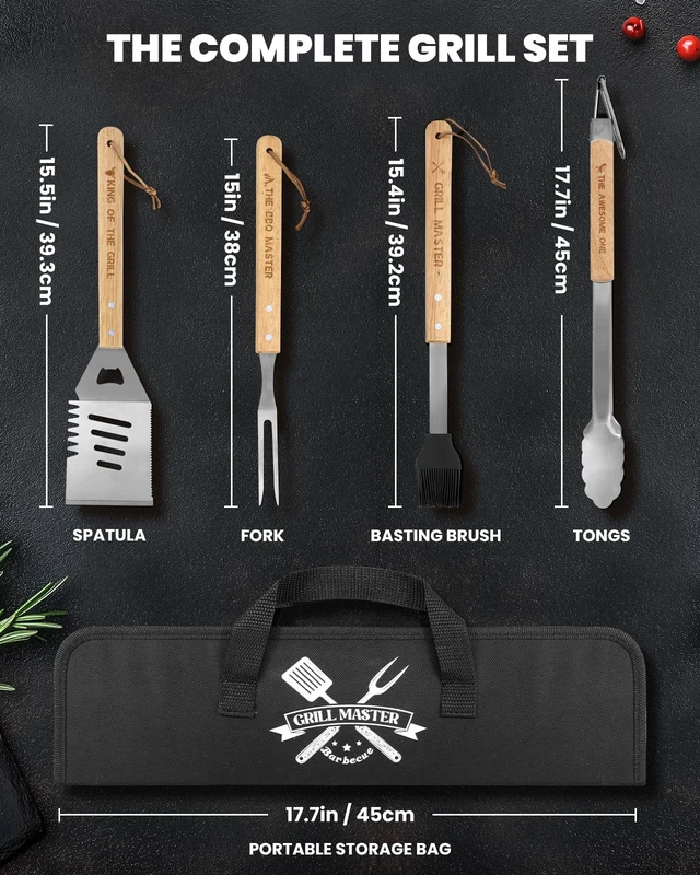 Alt view image 2 of 6 - 4PCS Grilling Accessories BBQ Tools - Stainless Steel Grill Set with Tongs, Fork, Spatula, Brush, Carrying Bag, Birthday for Men, Father, Husband