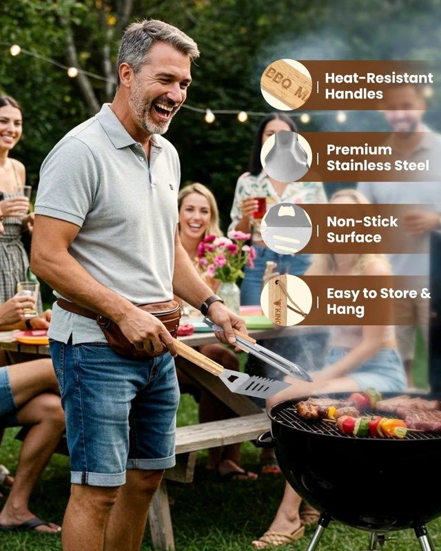 Alt view image 3 of 6 - 4PCS Grilling Accessories BBQ Tools - Stainless Steel Grill Set with Tongs, Fork, Spatula, Brush, Carrying Bag, Birthday for Men, Father, Husband