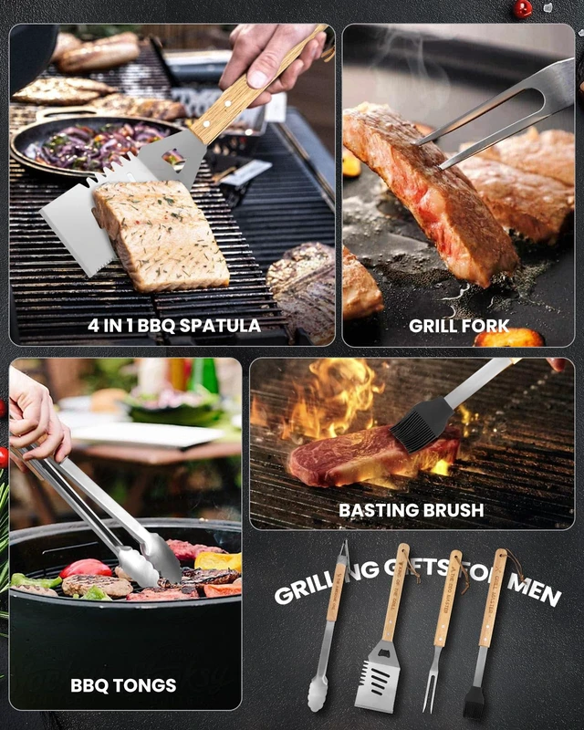 Alt view image 5 of 6 - 4PCS Grilling Accessories BBQ Tools - Stainless Steel Grill Set with Tongs, Fork, Spatula, Brush, Carrying Bag, Birthday for Men, Father, Husband