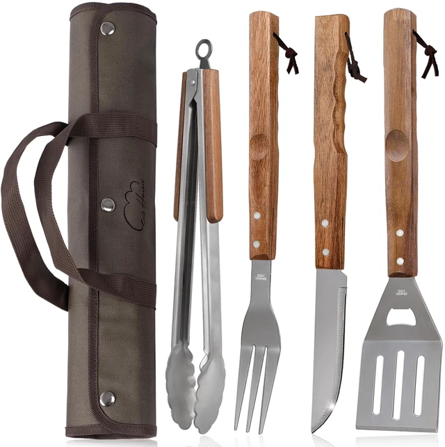 Main image of 5pcs BBQ Grill Accessories Set - Stainless Steel Grilling Tools | Ergonomic Wooden Handle, Includes Spatula, Tongs, Knife, Fork & Carry Bag, BBQ Utensils Gifts Set for Men Dad