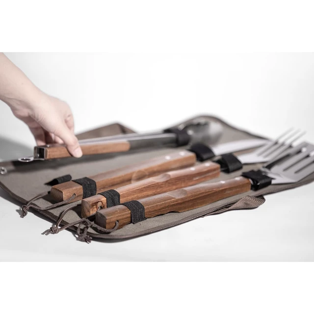 Alt view image 2 of 7 - 5pcs BBQ Grill Accessories Set - Stainless Steel Grilling Tools | Ergonomic Wooden Handle, Includes Spatula, Tongs, Knife, Fork & Carry Bag, BBQ Utensils Gifts Set for Men Dad