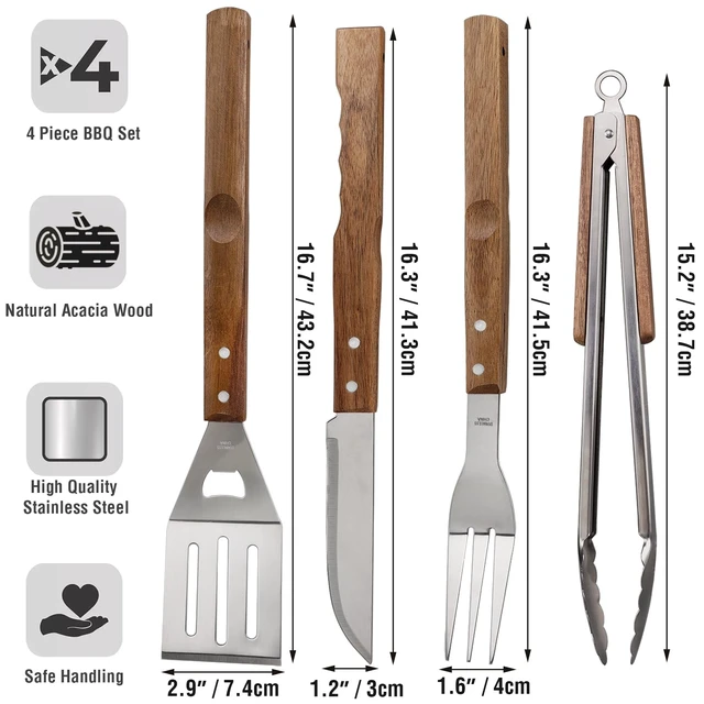 Alt view image 3 of 7 - 5pcs BBQ Grill Accessories Set - Stainless Steel Grilling Tools | Ergonomic Wooden Handle, Includes Spatula, Tongs, Knife, Fork & Carry Bag, BBQ Utensils Gifts Set for Men Dad