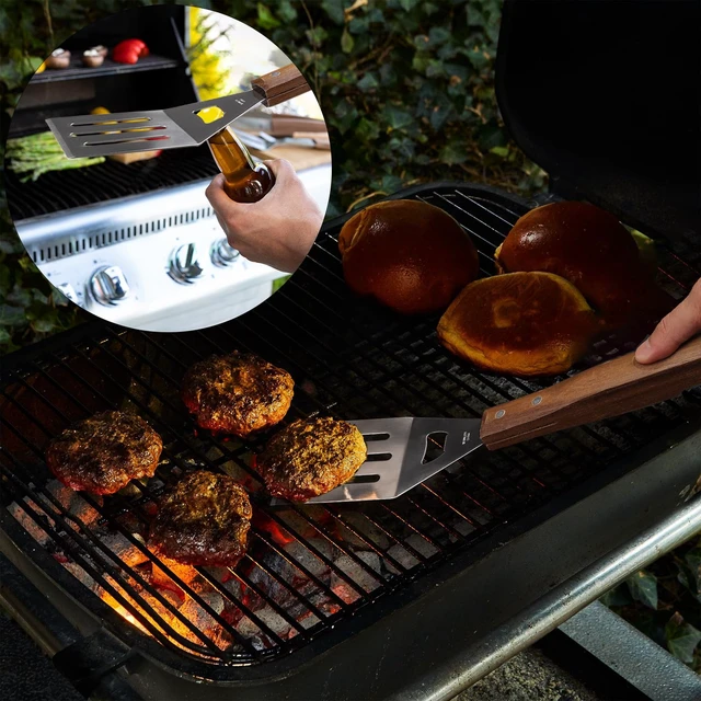 Alt view image 5 of 7 - 5pcs BBQ Grill Accessories Set - Stainless Steel Grilling Tools | Ergonomic Wooden Handle, Includes Spatula, Tongs, Knife, Fork & Carry Bag, BBQ Utensils Gifts Set for Men Dad