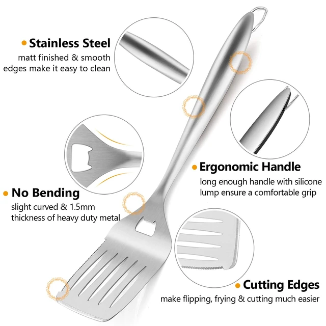 Alt view image 2 of 7 - Grilling Utensil Set 18in, Stainless Steel BBQ Accessories Tools with Bag for Outdoor Cooking Camping, Heavy Duty Grill Spatula, Tong, Meat Fork, Basting Brush, Cleaning Brush, Mans Gift