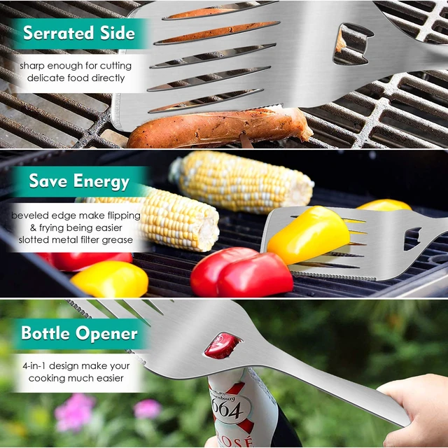 Alt view image 4 of 7 - Grilling Utensil Set 18in, Stainless Steel BBQ Accessories Tools with Bag for Outdoor Cooking Camping, Heavy Duty Grill Spatula, Tong, Meat Fork, Basting Brush, Cleaning Brush, Mans Gift