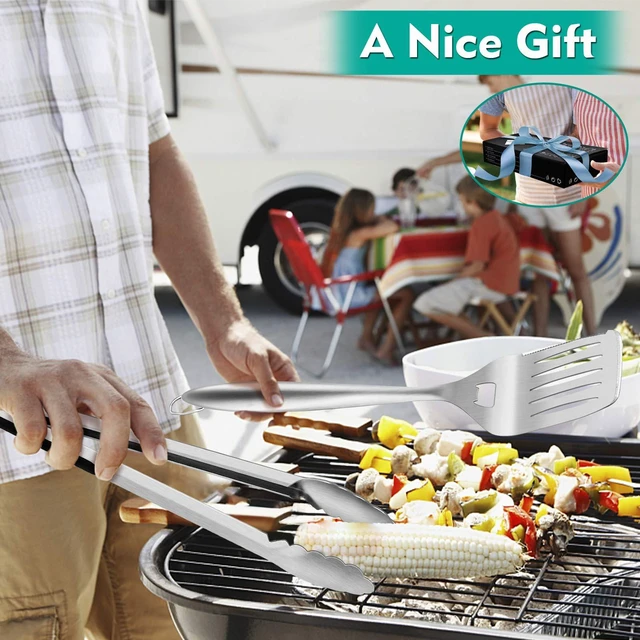 Alt view image 7 of 7 - Grilling Utensil Set 18in, Stainless Steel BBQ Accessories Tools with Bag for Outdoor Cooking Camping, Heavy Duty Grill Spatula, Tong, Meat Fork, Basting Brush, Cleaning Brush, Mans Gift