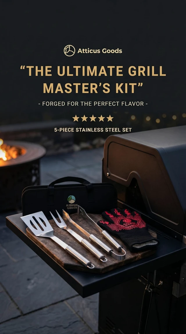 Alt view image 2 of 7 - Stainless Steel Grill Set, 5 Piece Heavy Duty Barbecue Tools, BBQ Grilling Accessories Grill Kit with Tongs, Spatula, Fork, Gloves and Zippered Carry Bag, BBQ Grill Accessories