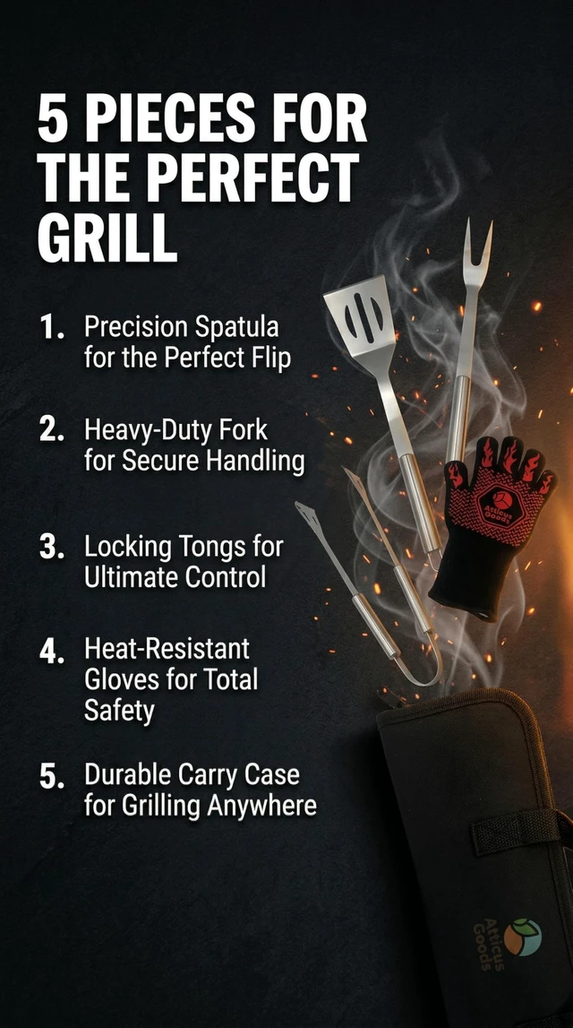Alt view image 3 of 7 - Stainless Steel Grill Set, 5 Piece Heavy Duty Barbecue Tools, BBQ Grilling Accessories Grill Kit with Tongs, Spatula, Fork, Gloves and Zippered Carry Bag, BBQ Grill Accessories