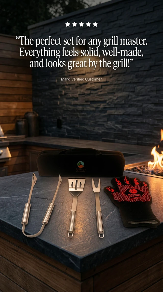 Alt view image 7 of 7 - Stainless Steel Grill Set, 5 Piece Heavy Duty Barbecue Tools, BBQ Grilling Accessories Grill Kit with Tongs, Spatula, Fork, Gloves and Zippered Carry Bag, BBQ Grill Accessories