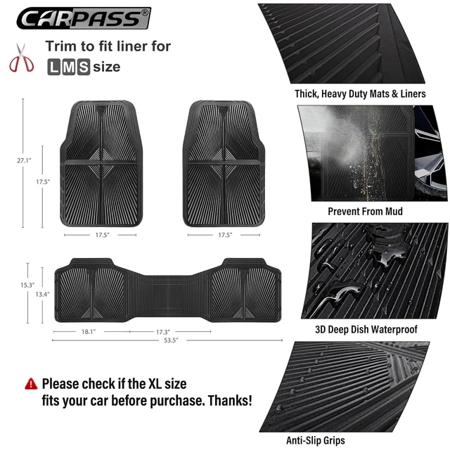 Alt view image 3 of 7 - Rubber Floor Mats, All Weather Waterproof Trim-to-Fit Automotive Mats for Cars Trucks SUV, Anti-Slip Easy Clean, Heavy Duty Full Set 3-Piece, All Black