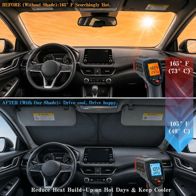 Alt view image 2 of 7 - Car Windshield Sun Shade, Universal Fit Compact Sedan SUV, Classic Black | 57 x 29.5" Car Sun Visor, Foldable Front Window Sunshade, UV Heat Protection, Cute Eyes Series