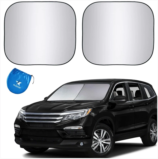 Main image of Car Windshield Sun Shade. See Vehicle Size-Chart. Large (L) Size | Foldable 2-Piece Sunshade with Shield-X Reflective Technology. Sun Visor for SUV, Truck, Car Window Front. See Size Chart