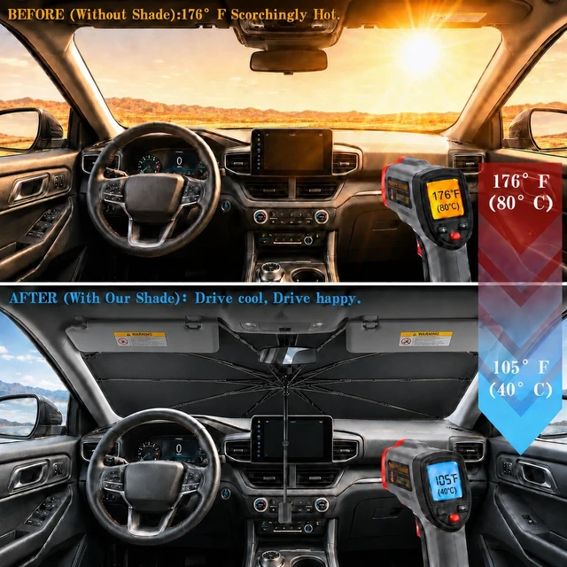 Alt view image 2 of 7 - Car Windshield Sun Shade Umbrella, Univeral Fit Mid-Large Sedan & SUV | 57 x 31" Car Sun Visor, Foldable UV Heat Blocking Front Window Sunshade with Rearview Mirror Cutout, Angry Red Eyes