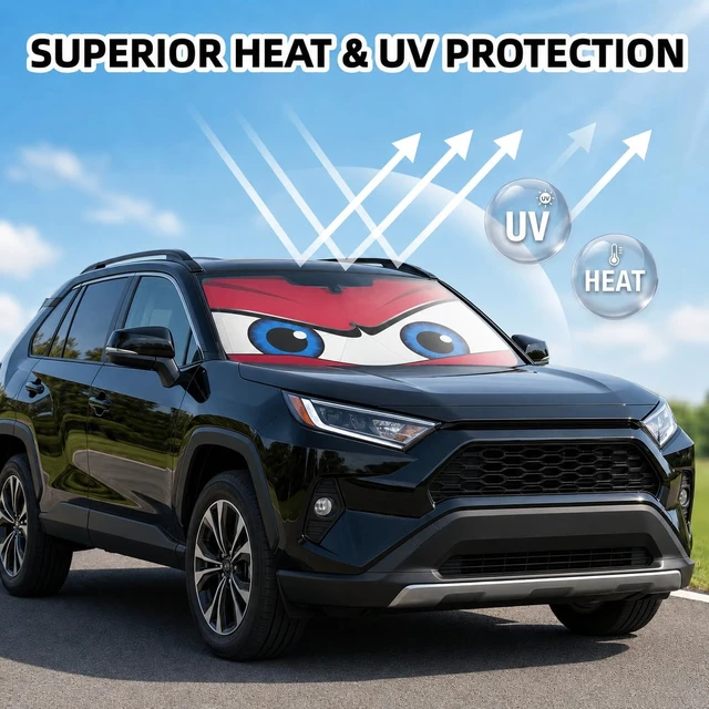 Alt view image 3 of 7 - Car Windshield Sun Shade Umbrella, Univeral Fit Mid-Large Sedan & SUV | 57 x 31" Car Sun Visor, Foldable UV Heat Blocking Front Window Sunshade with Rearview Mirror Cutout, Angry Red Eyes
