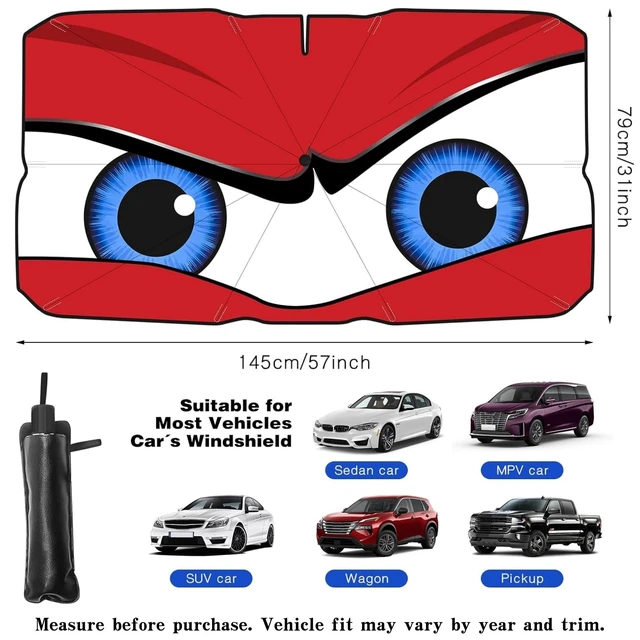 Alt view image 5 of 7 - Car Windshield Sun Shade Umbrella, Univeral Fit Mid-Large Sedan & SUV | 57 x 31" Car Sun Visor, Foldable UV Heat Blocking Front Window Sunshade with Rearview Mirror Cutout, Angry Red Eyes