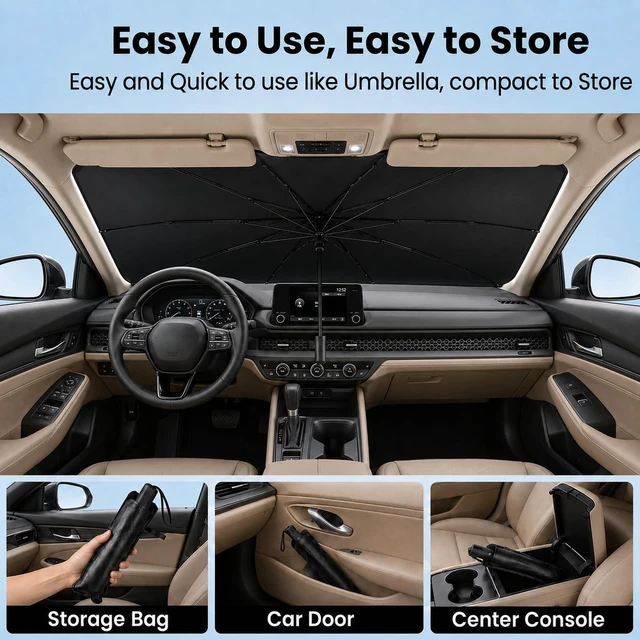 Alt view image 6 of 7 - Car Windshield Sun Shade Umbrella, Univeral Fit Mid-Large Sedan & SUV | 57 x 31" Car Sun Visor, Foldable UV Heat Blocking Front Window Sunshade with Rearview Mirror Cutout, Angry Red Eyes