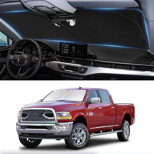 Main image of Windshield Sun Shade for 2010-2026 Dodge RAM 1500 2500 3500 Sun Visor | Custom Fits Ram 2Dr RegularCab, 4Dr QuadCab, CrewCab, MegaCab Truck Accessories Cover Window Sunshade