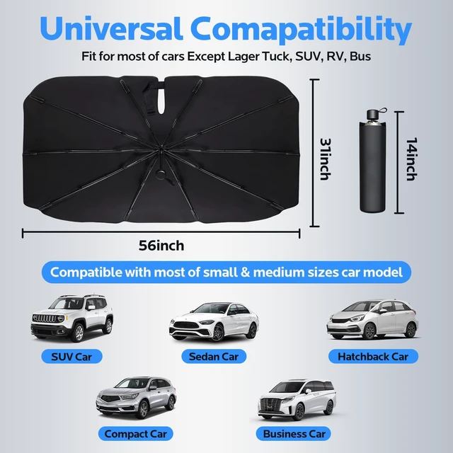 Alt view image 3 of 7 - Car Windshield Sun Shade Umbrella, Keep Cool and Protect Interior | 56 L X 31" W Cover for Front Window, Heat & UV Protection, Easy Open Keep Cool, Fits Auto Sedan SUV