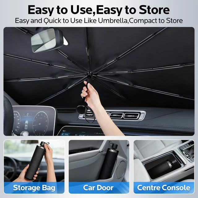 Alt view image 6 of 7 - Car Windshield Sun Shade Umbrella, Keep Cool and Protect Interior | 56 L X 31" W Cover for Front Window, Heat & UV Protection, Easy Open Keep Cool, Fits Auto Sedan SUV
