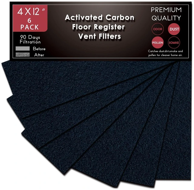 Main image of Carbon Filters 4"x12" Activated Charcoal Vent Floor Heater Pre-Filter Sheet | 4x12 Inch FIlter Work in Home Air Purifier, HVAC Register, Ceiling, Furnace 6-Pack (Black)
