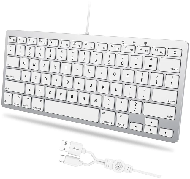 Main image of Wired Keyboard for Mac Users, 1 Cable 2 Plugs USB-C & USB-A, Silver | 78-key compact with scissor keys & 8° ergonomic tilt, for MacBook Neo/Pro/Air, Mac mini/Pro, iMac, MacOS 11.3+, Office & home