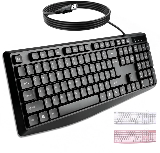 Main image of Silent Wired Keyboard USB School Office Home PC Black | 104 Key Wired Keyboard w/ Numpad, Ergonomic Lift Feet, 10M Keystrokes, USB Plug Play for Desktops Laptops