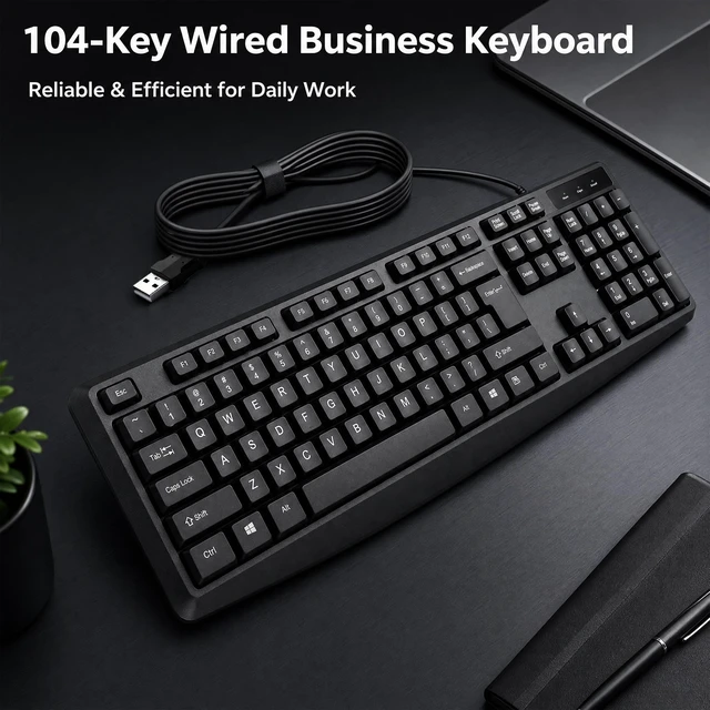 Alt view image 2 of 7 - Silent Wired Keyboard USB School Office Home PC Black | 104 Key Wired Keyboard w/ Numpad, Ergonomic Lift Feet, 10M Keystrokes, USB Plug Play for Desktops Laptops