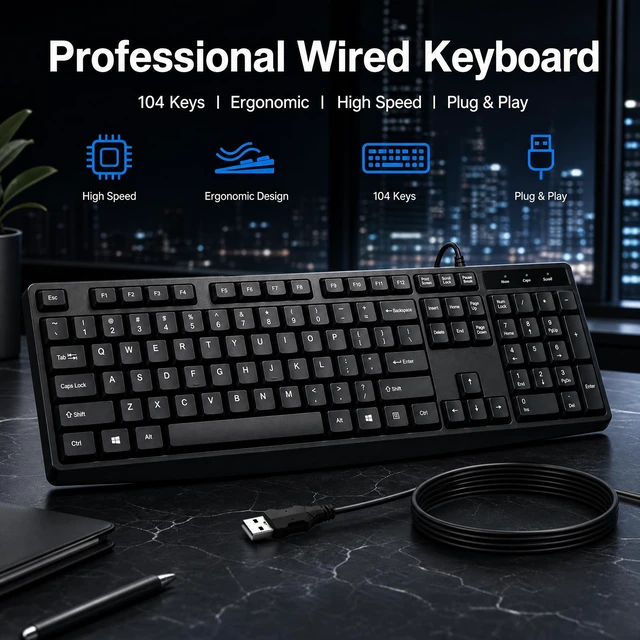 Alt view image 3 of 7 - Silent Wired Keyboard USB School Office Home PC Black | 104 Key Wired Keyboard w/ Numpad, Ergonomic Lift Feet, 10M Keystrokes, USB Plug Play for Desktops Laptops