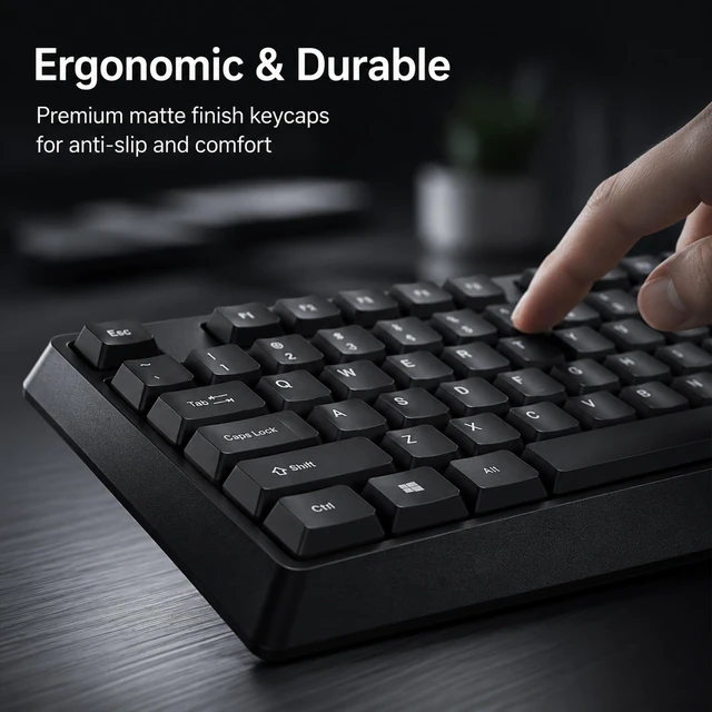 Alt view image 4 of 7 - Silent Wired Keyboard USB School Office Home PC Black | 104 Key Wired Keyboard w/ Numpad, Ergonomic Lift Feet, 10M Keystrokes, USB Plug Play for Desktops Laptops