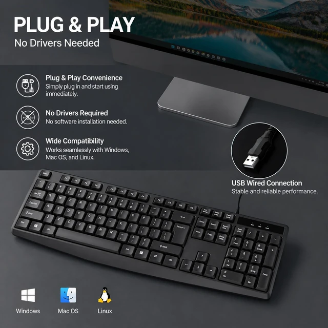 Alt view image 6 of 7 - Silent Wired Keyboard USB School Office Home PC Black | 104 Key Wired Keyboard w/ Numpad, Ergonomic Lift Feet, 10M Keystrokes, USB Plug Play for Desktops Laptops