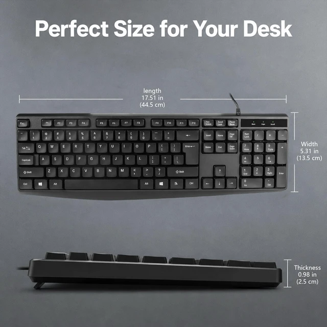 Alt view image 7 of 7 - Silent Wired Keyboard USB School Office Home PC Black | 104 Key Wired Keyboard w/ Numpad, Ergonomic Lift Feet, 10M Keystrokes, USB Plug Play for Desktops Laptops