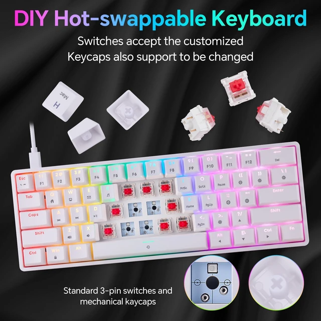 Alt view image 3 of 4 - 60% Mechanical Keyboard Gaming RGB Backlit with app Compact 61 Key Portable Mini Keyboard Blue MX Switch Compatible with Windows iMac Laptop PC Computer Office Gamer (White, red Switch)