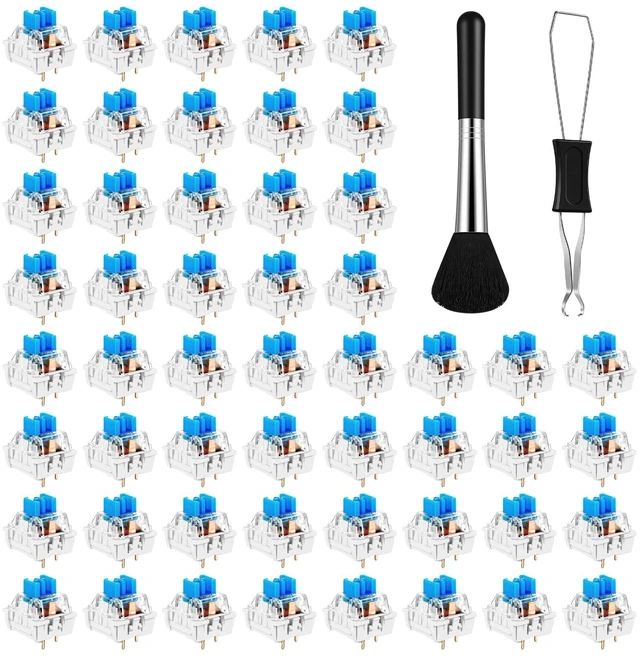 Main image of 50 Pieces Blue Mechanical Keyboard Switch Keyboard Clickers 3 Pin Pre Lubricated Clicky Key Switches Dustproof Waterproof Keyboard Keys with Puller and Brush for Mechanical Gaming Keyboard