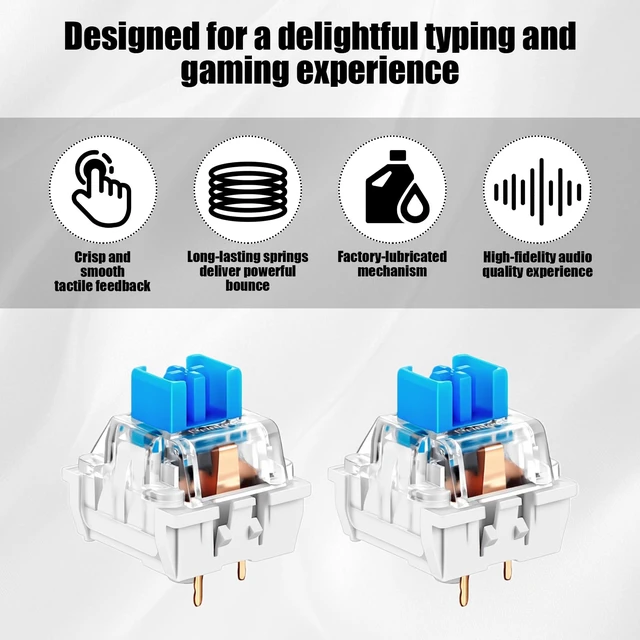 Alt view image 3 of 7 - 50 Pieces Blue Mechanical Keyboard Switch Keyboard Clickers 3 Pin Pre Lubricated Clicky Key Switches Dustproof Waterproof Keyboard Keys with Puller and Brush for Mechanical Gaming Keyboard