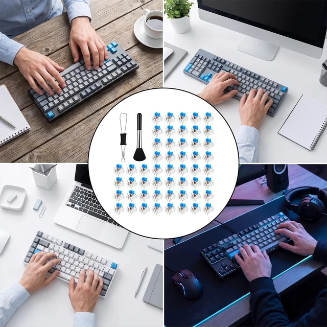 Alt view image 5 of 7 - 50 Pieces Blue Mechanical Keyboard Switch Keyboard Clickers 3 Pin Pre Lubricated Clicky Key Switches Dustproof Waterproof Keyboard Keys with Puller and Brush for Mechanical Gaming Keyboard