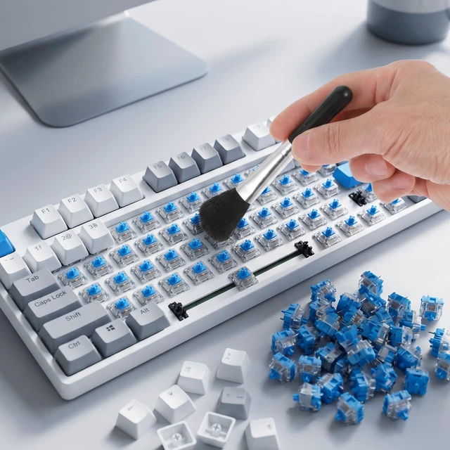 Alt view image 7 of 7 - 50 Pieces Blue Mechanical Keyboard Switch Keyboard Clickers 3 Pin Pre Lubricated Clicky Key Switches Dustproof Waterproof Keyboard Keys with Puller and Brush for Mechanical Gaming Keyboard