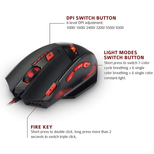 Alt view image 2 of 6 - Gaming Mouse with 8 Programmable Buttons,9200DPI Optical Wired Ergonomic Mouse, USB Corded Computer Gaming Mice for PC, Laptop,Mac, Black