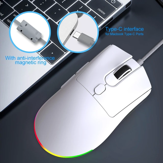 Alt view image 2 of 6 - Wired USB C Gaming Mice,7200DPI,Ergonomic Mouse with RGB Backlit for Apple MacBook,Computer or Laptops with Type C Port-White