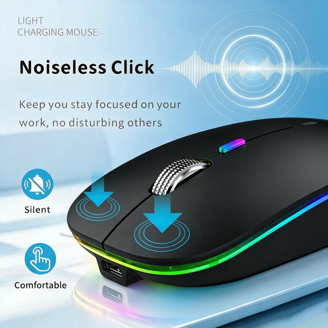 Alt view image 4 of 7 - LED Wireless Mouse, G12 Slim Rechargeable Silent Mouse Matte Black | 2.4GHz Optical, USB C Charging, Quiet Click, LED, Portable, 1600DPI, USB Receiver, Type C Adapter, Cordless, for Laptop/Mac